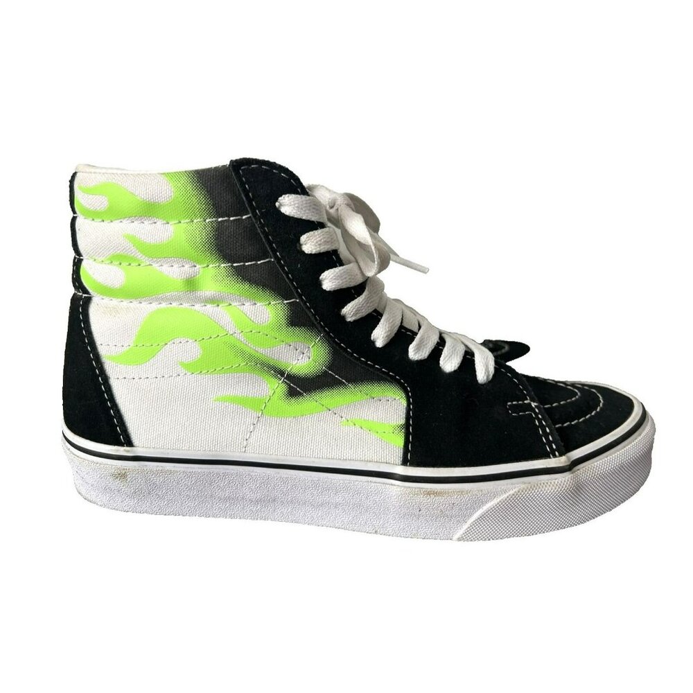 Vans Sk8 Hi Flame Men's Size 7.5 Shoes Woman's 9 Black White Lime Green High Top